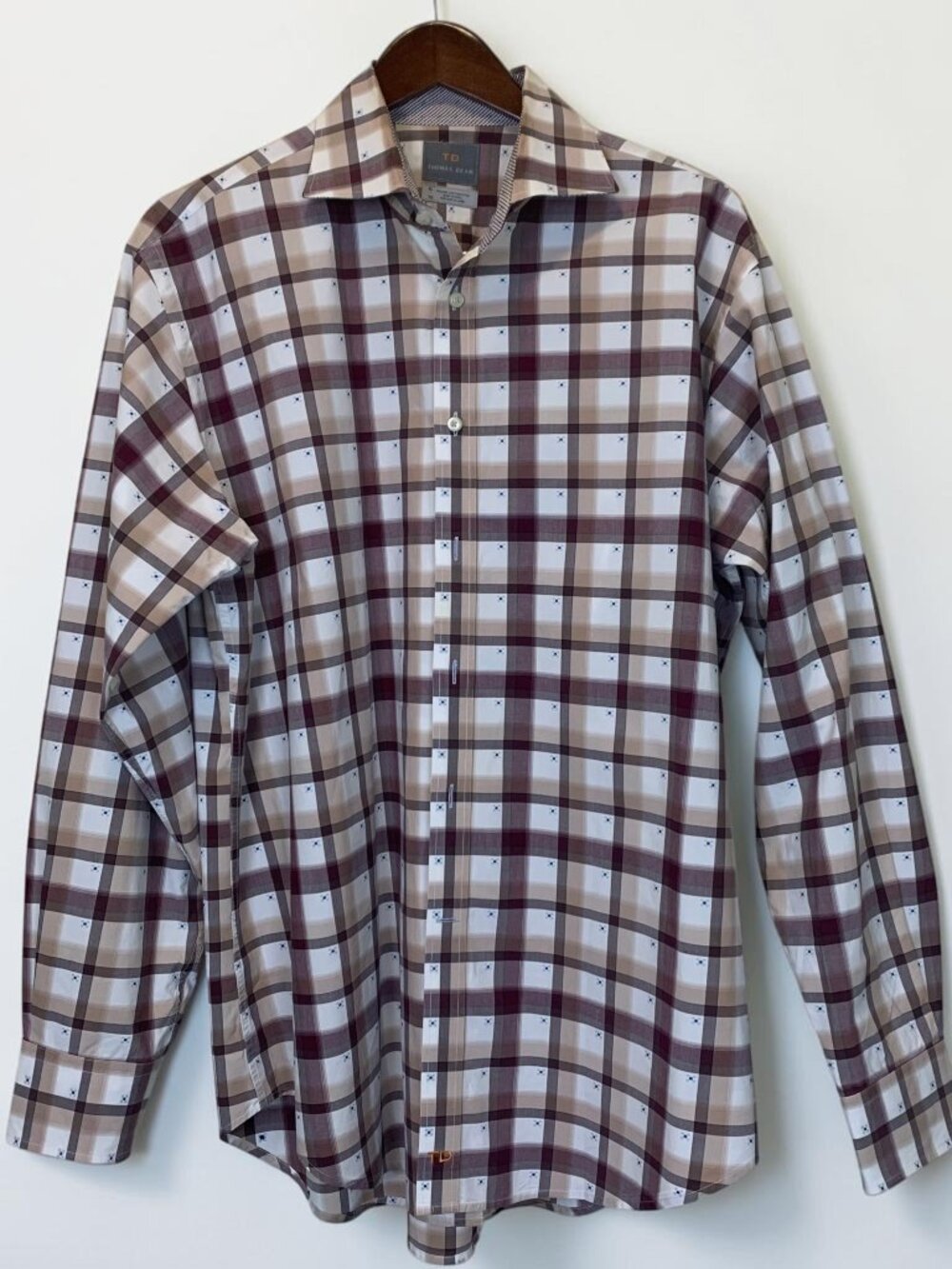 Thomas Dean Men's XL Plaid Pima Cotton Button Down Shirt Burgundy Tan
